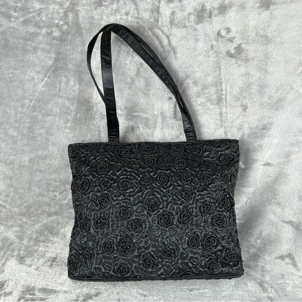 C Marie Vintage Beaded Hand Bag Evening Purse Black Glass Bead On Satin Top Zip‎